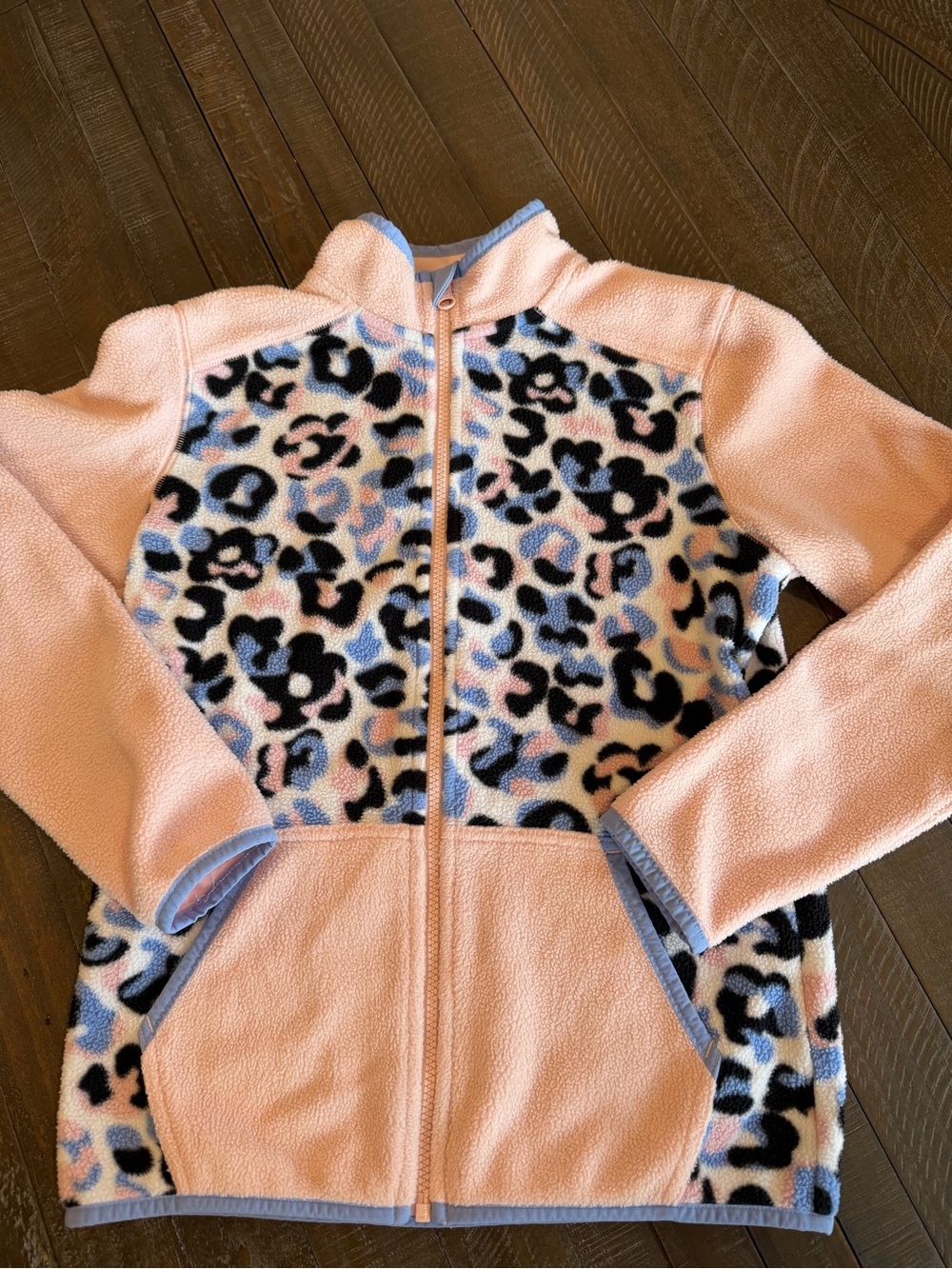 Girls' Pink Leopard-Print Fleece Zip Hoodie with Contrast Trim